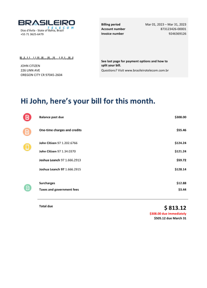 Brazil Braziliero Telecom telecommunication bill Word and PDF template